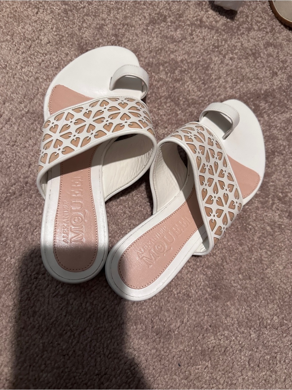 White and Blush Slide Sandals with Laser-Cut Strap